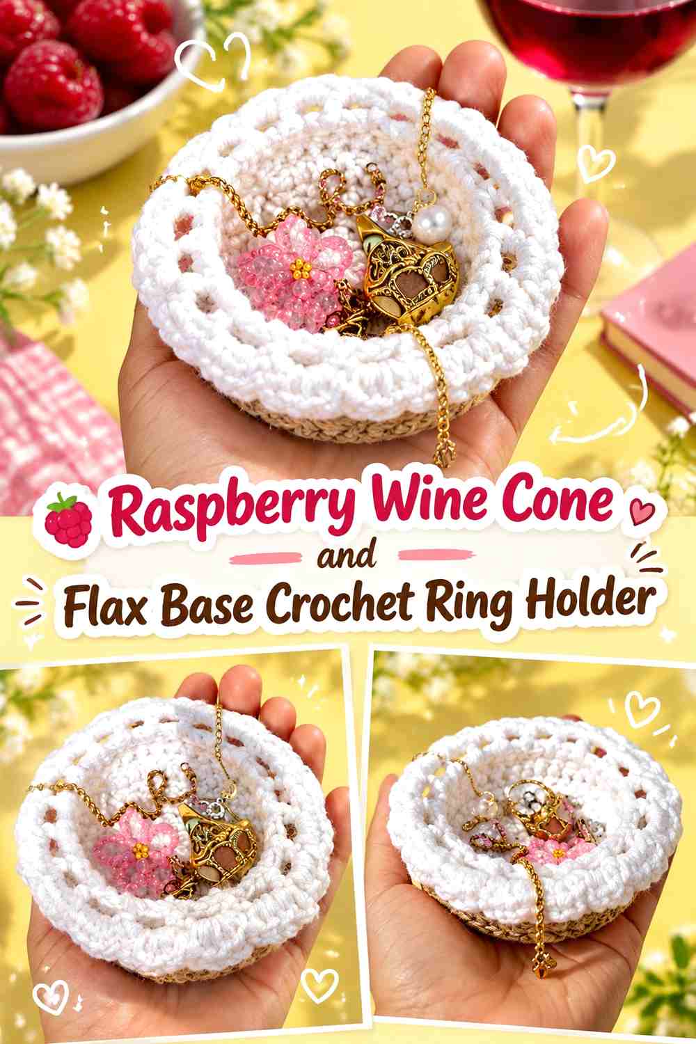 1. Raspberry Wine Cone And Flax Base Crochet Ring Holder