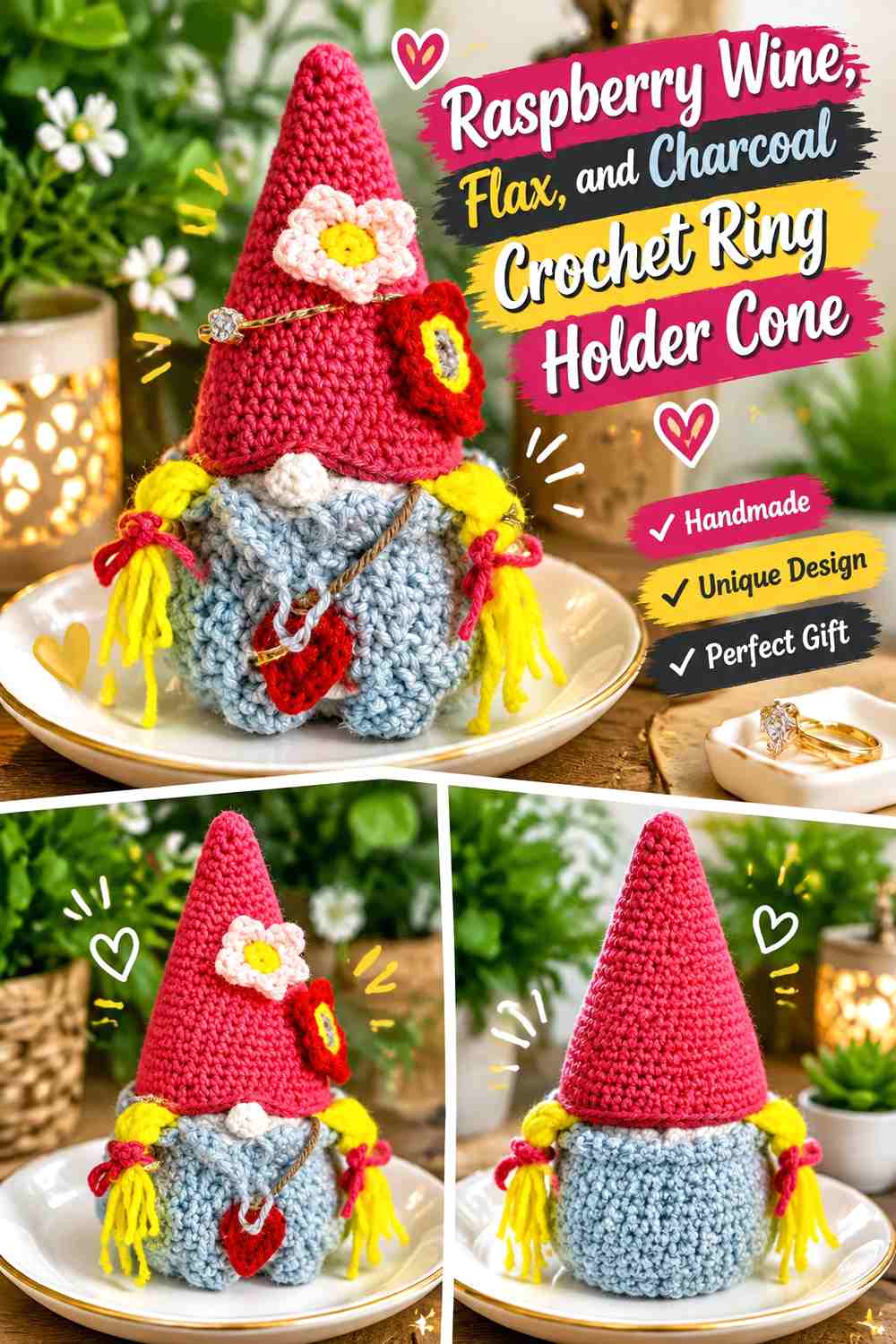 15. Raspberry Wine Flax And Charcoal Crochet Ring Holder Cone