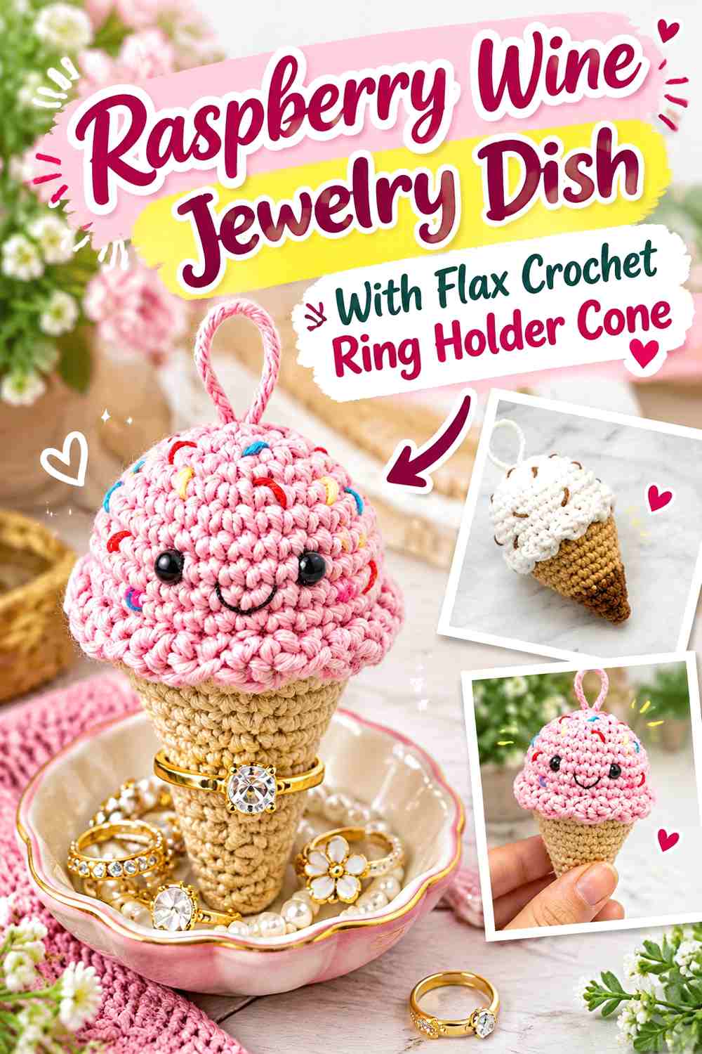 11. Raspberry Wine Jewelry Dish With Flax Crochet Ring Holder Cone