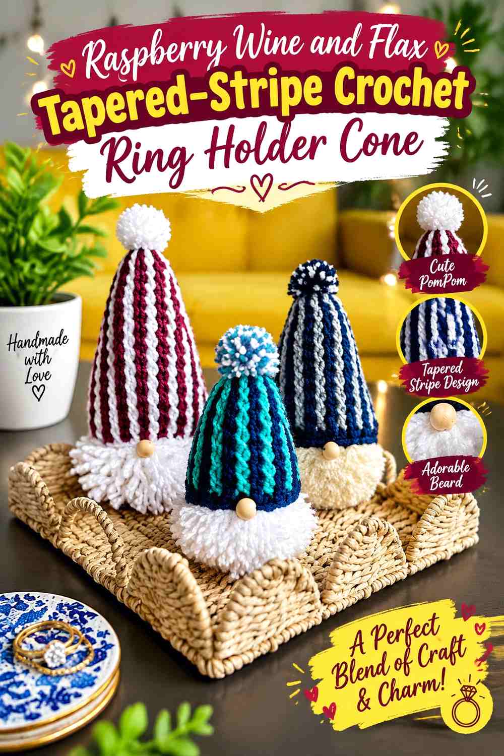 14. Raspberry Wine And Flax Tapered Stripe Crochet Ring Holder Cone
