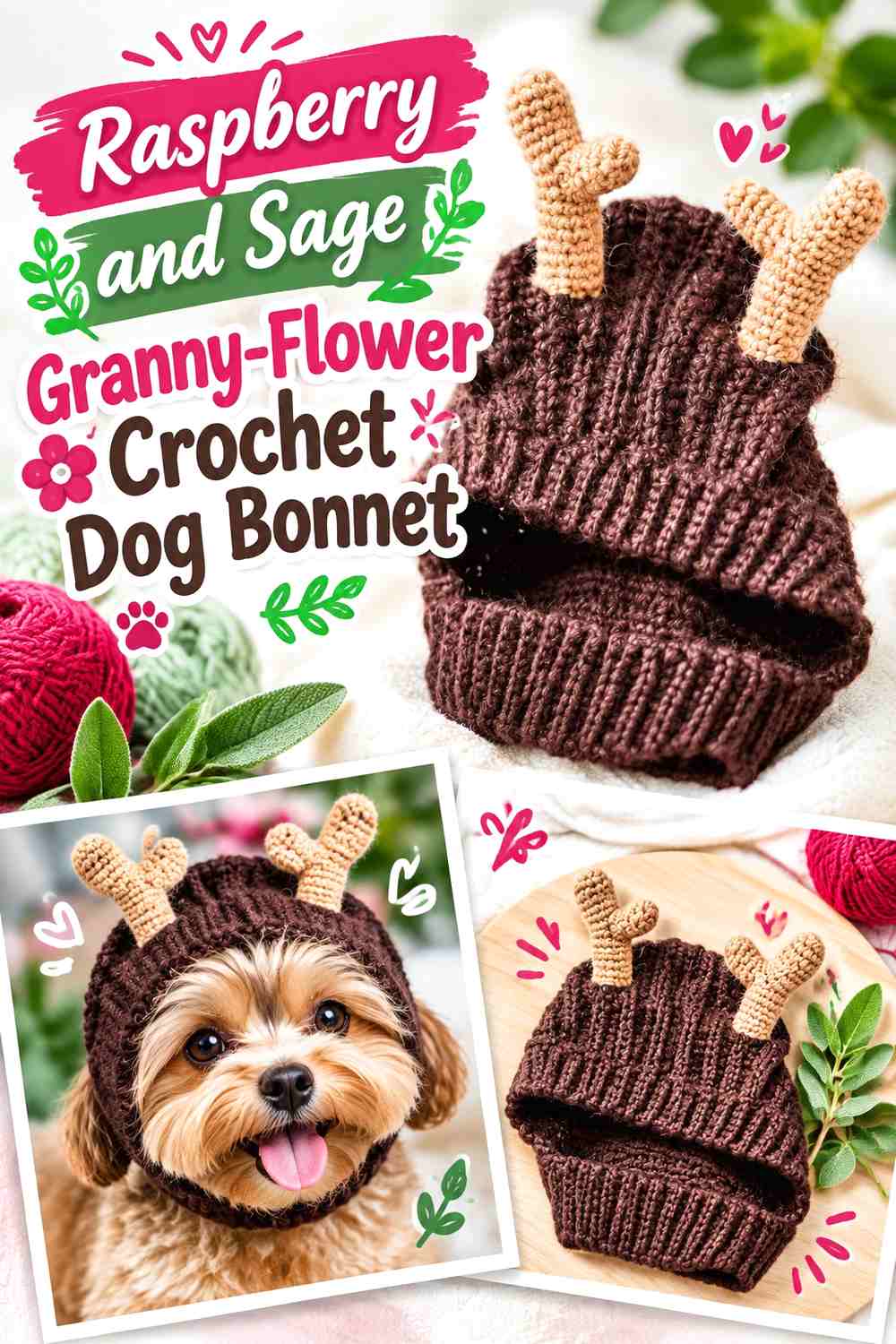Raspberry and Sage Granny-Flower Crochet Dog Bonnet