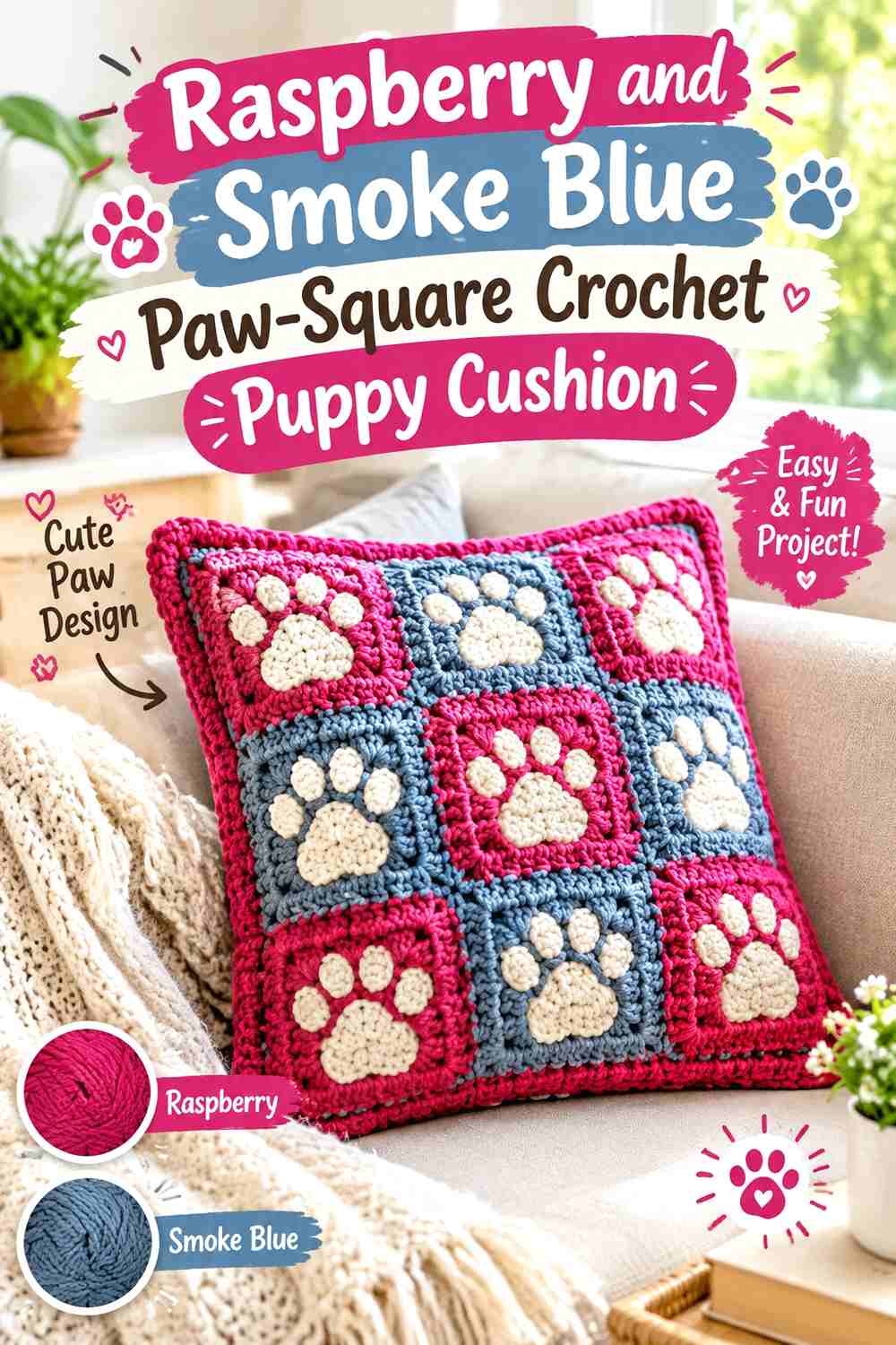 Raspberry and Smoke Blue Paw-Square Crochet Puppy Cushion