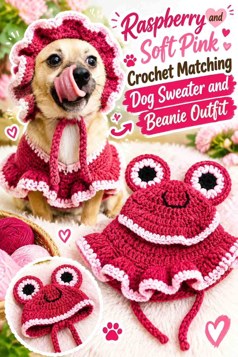 Raspberry and Soft Pink Crochet Matching Dog Sweater and Beanie Outfit