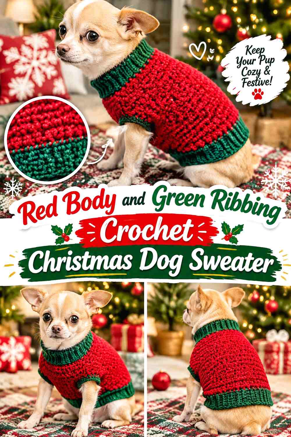 Red Body and Green Ribbing Crochet Christmas Dog Sweater