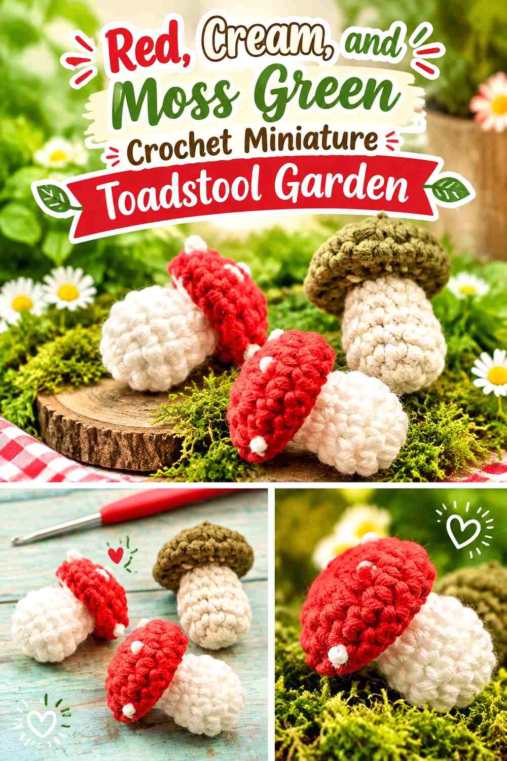 Red, Cream, and Moss Green Crochet Miniature Toadstool Garden