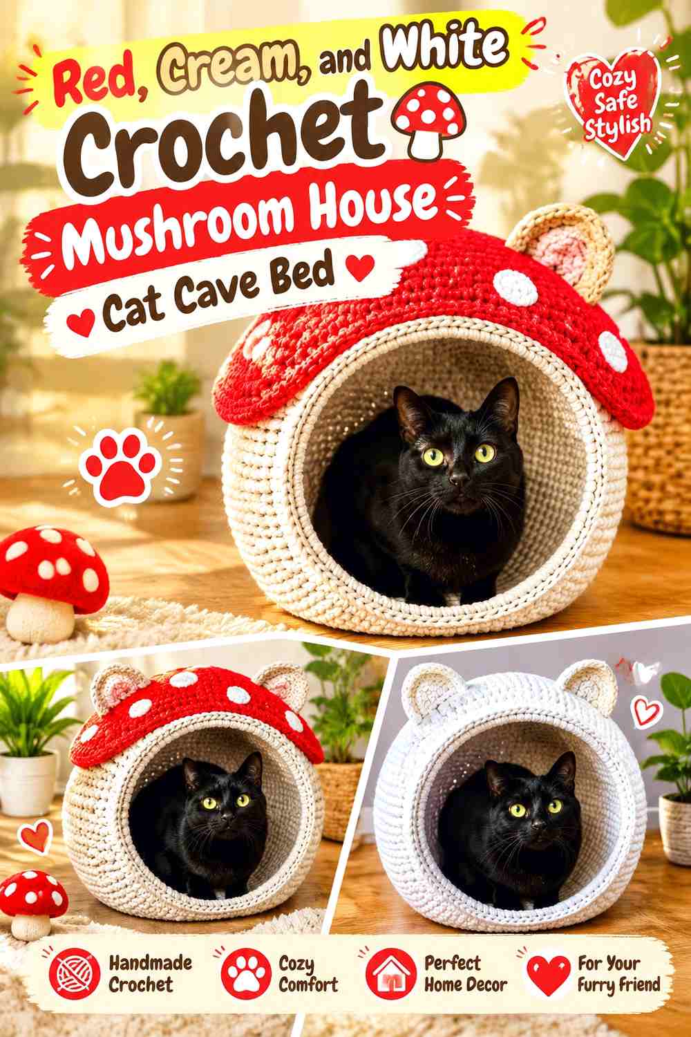 Red, Cream, and White Crochet Mushroom House Cat Cave Bed