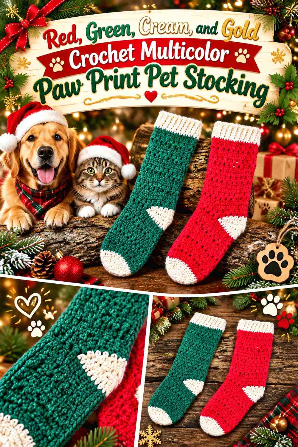 Red, Green, Cream, and Gold Crochet Multicolor Paw Print Pet Stocking