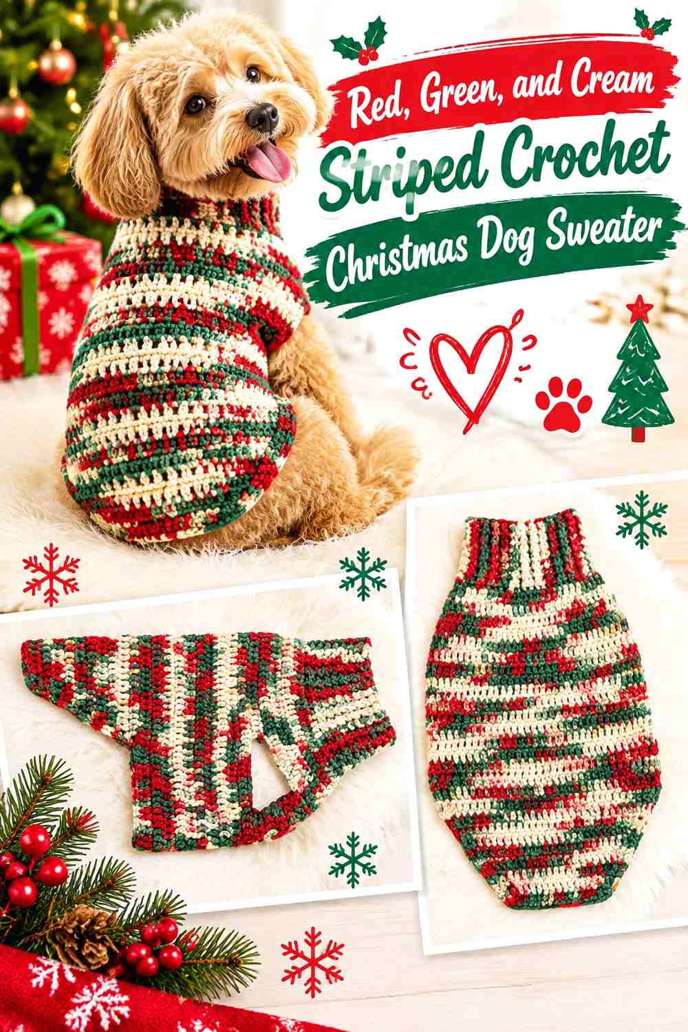 Red, Green, and Cream Striped Crochet Christmas Dog Sweater
