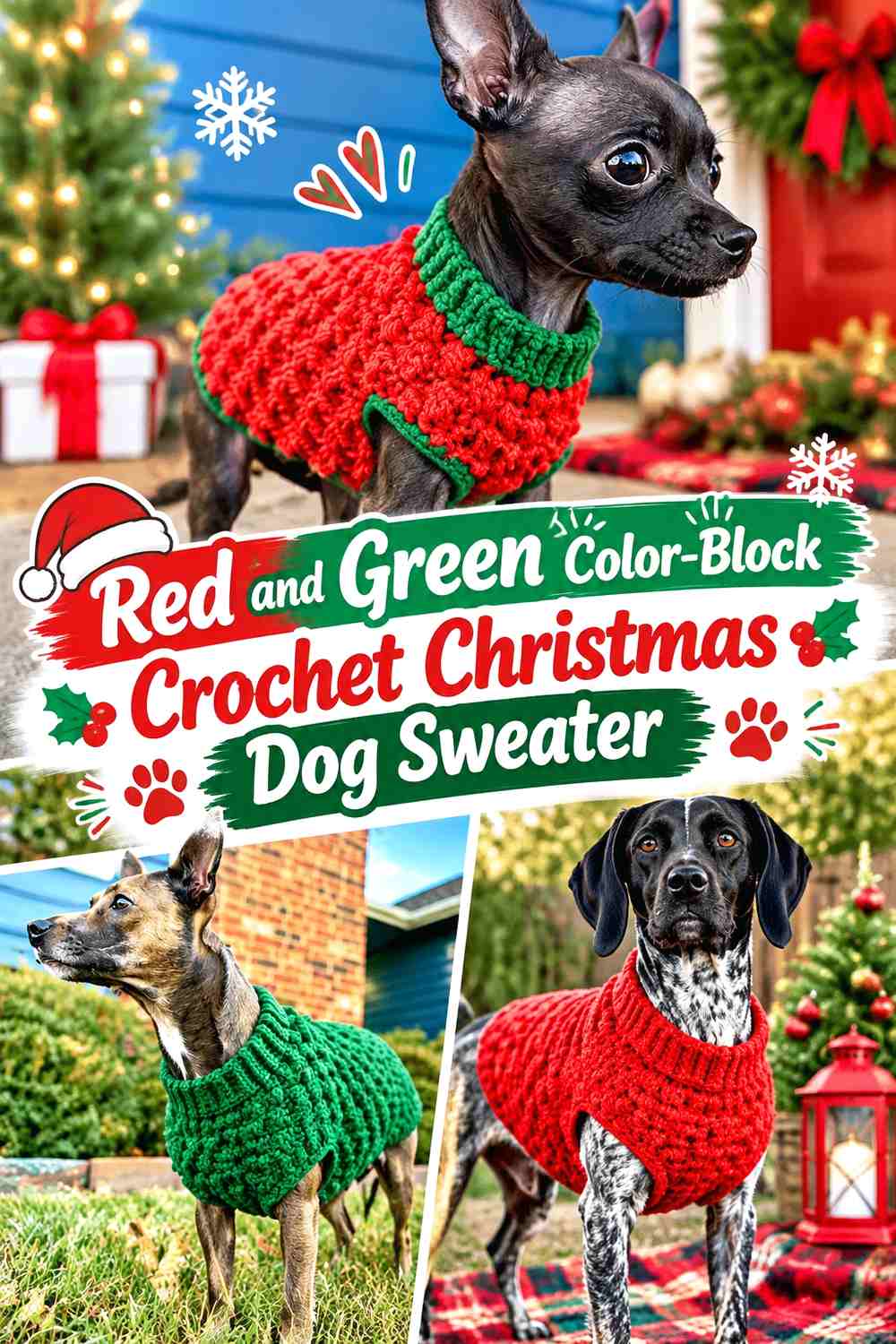 Red and Green Color-Block Crochet Christmas Dog Sweater