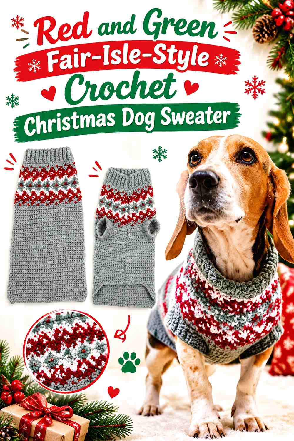 Red and Green Fair-Isle-Style Crochet Christmas Dog Sweater