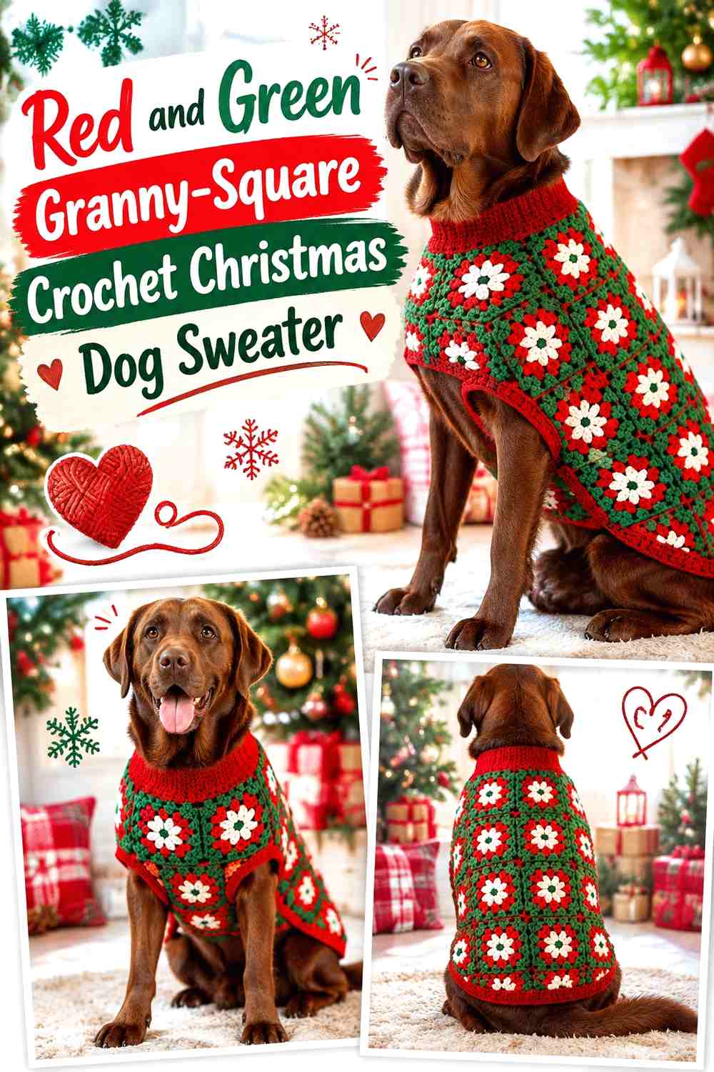 Red and Green Granny-Square Crochet Christmas Dog Sweater