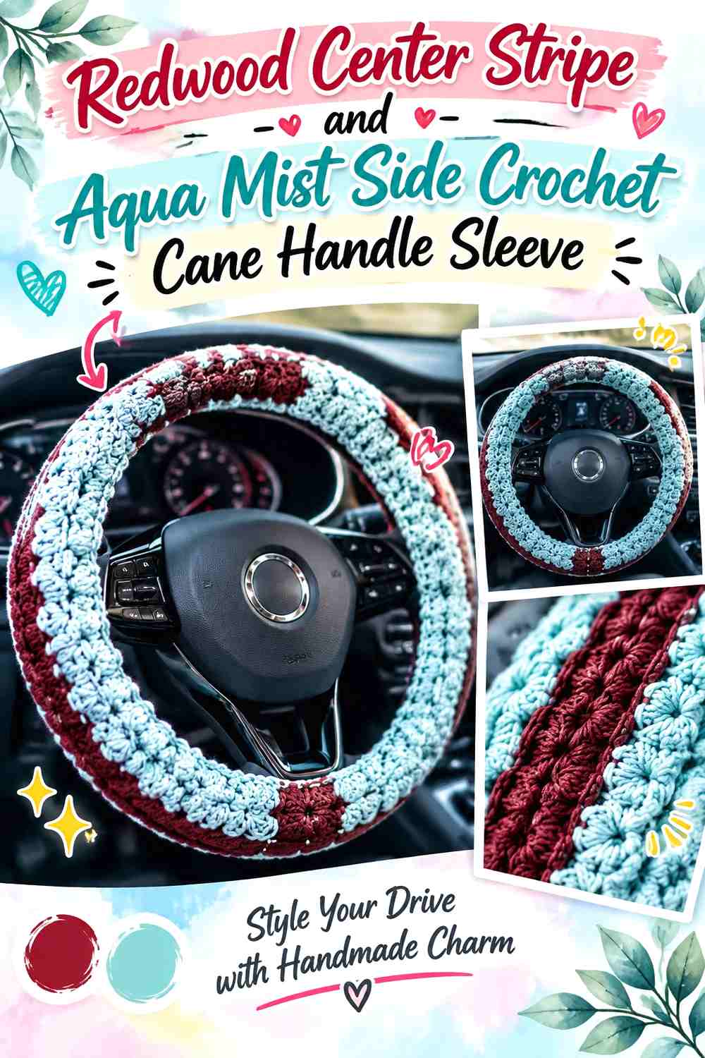 Redwood Center Stripe and Aqua Mist Side Crochet Cane Handle Sleeve