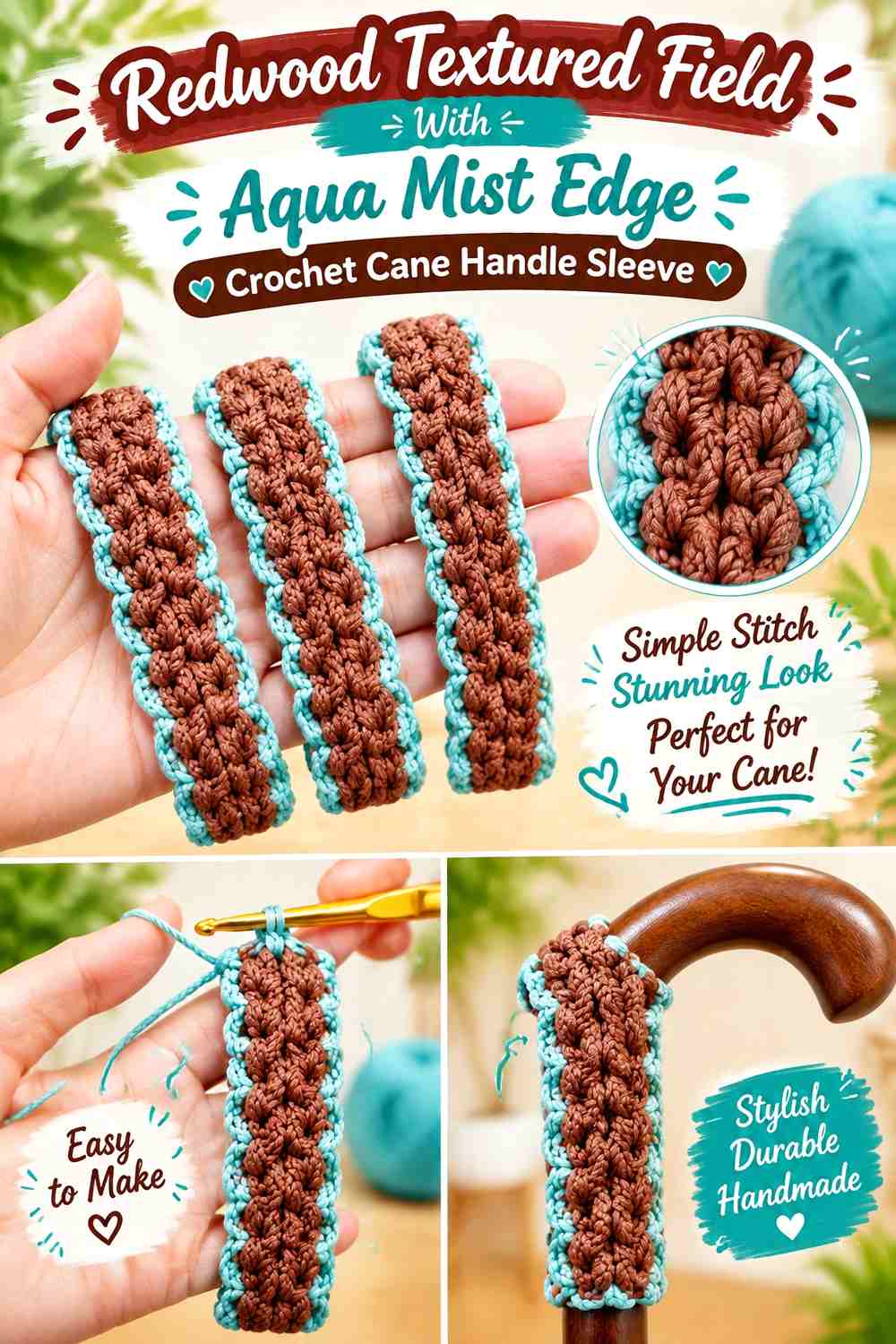 Redwood Textured Field With Aqua Mist Edge Crochet Cane Handle Sleeve