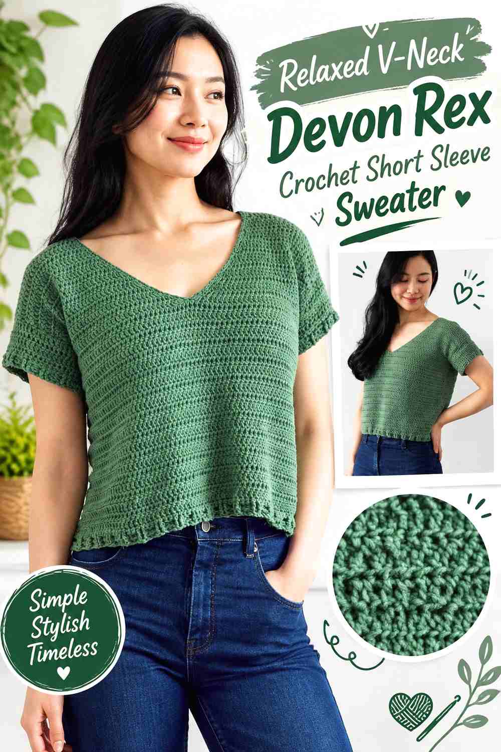 Relaxed V-Neck Devon Rex Crochet Short Sleeve Sweater