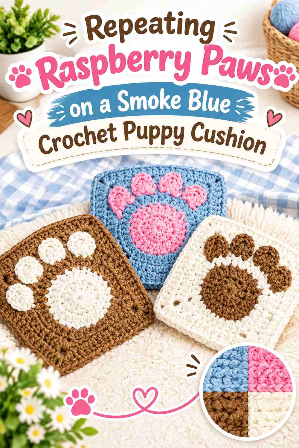 Repeating Raspberry Paws on a Smoke Blue Crochet Puppy Cushion