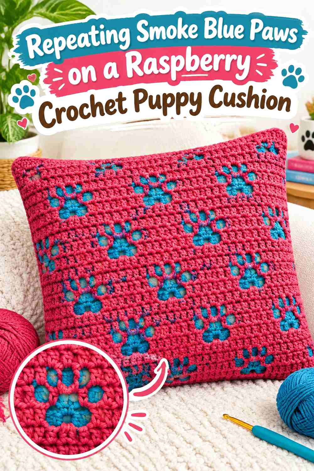Repeating Smoke Blue Paws on a Raspberry Crochet Puppy Cushion
