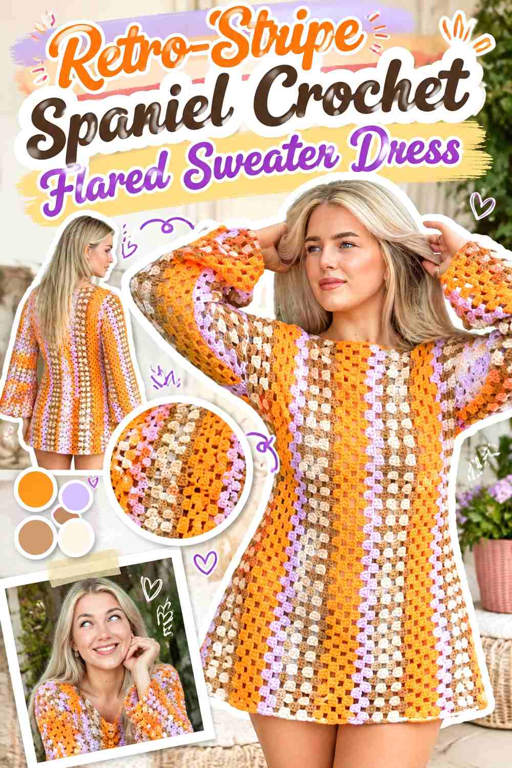 Retro-Stripe Spaniel Crochet Flared Sweater Dress