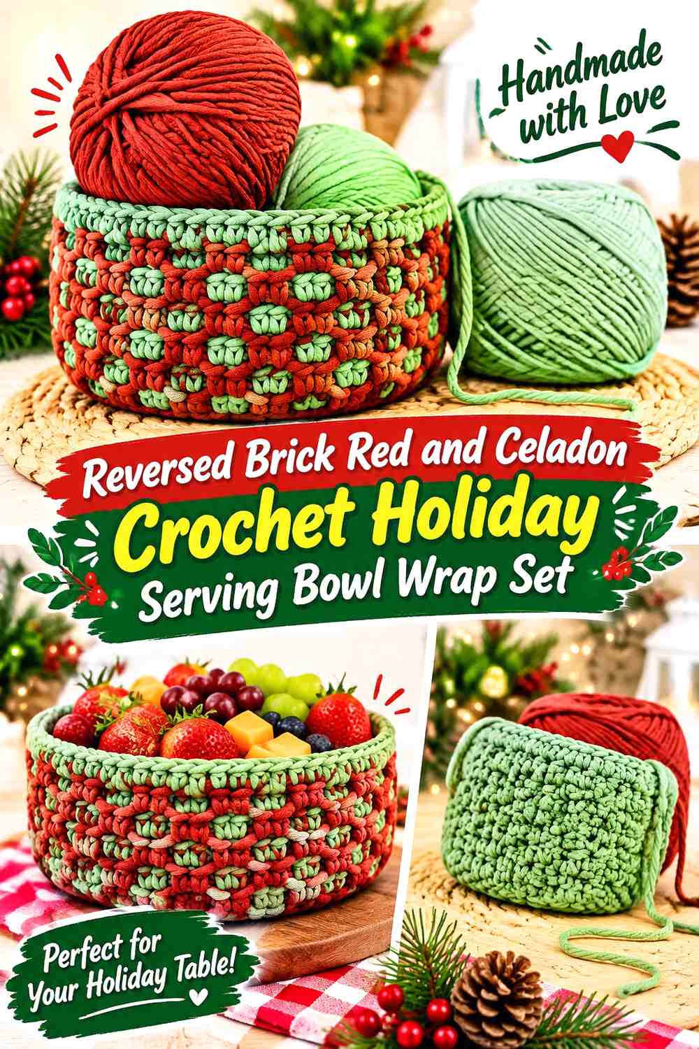 15. Reversed Brick Red And Celadon Crochet Holiday Serving Bowl Wrap Set