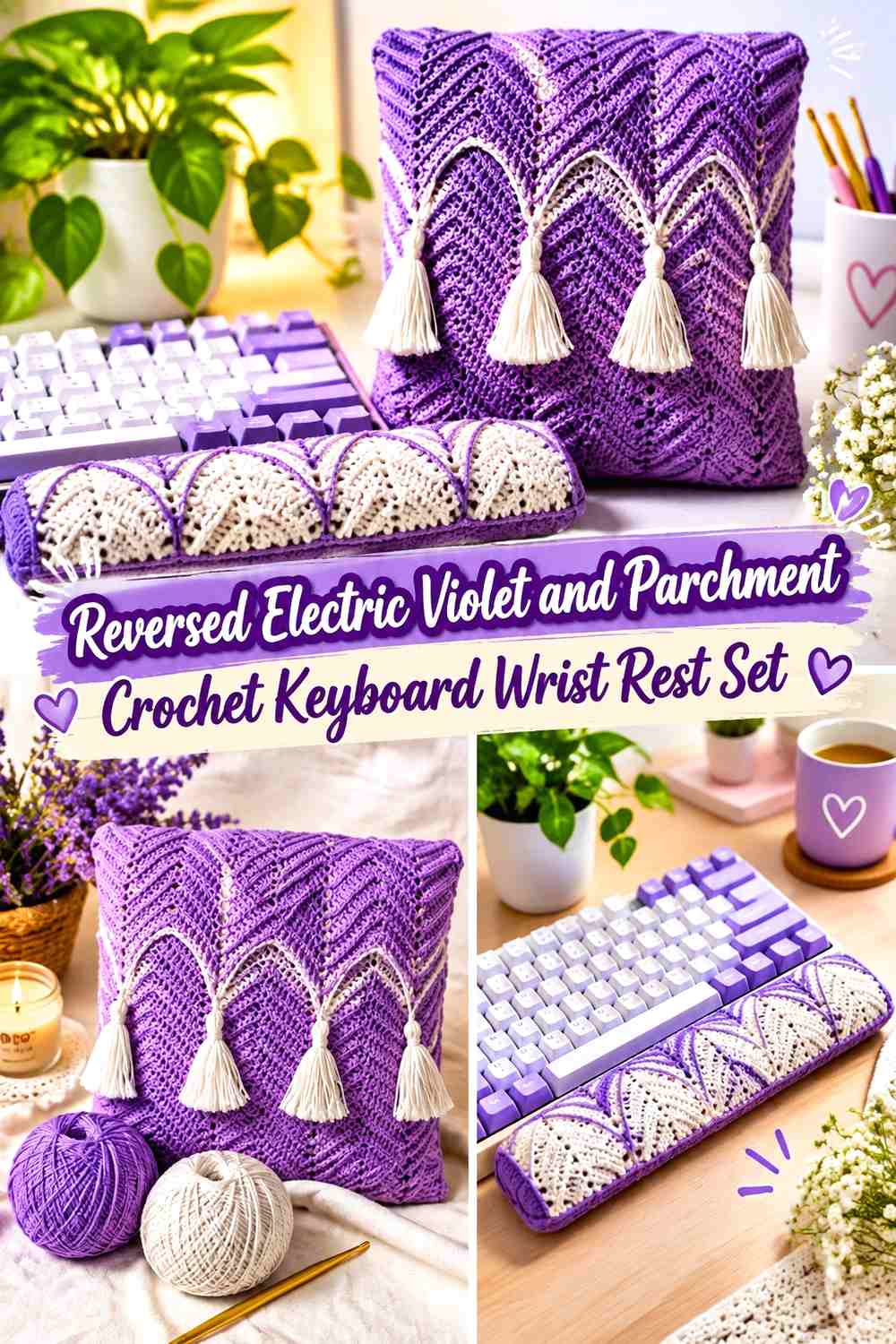 17. Reversed Electric Violet And Parchment Crochet Keyboard Wrist Rest Set