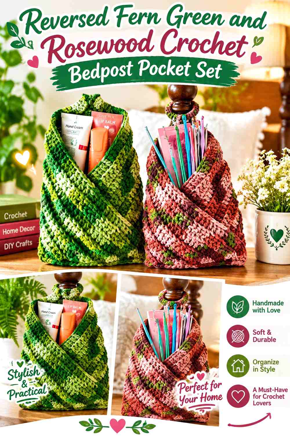 19. Reversed Fern Green And Rosewood Crochet Bedpost Pocket Set