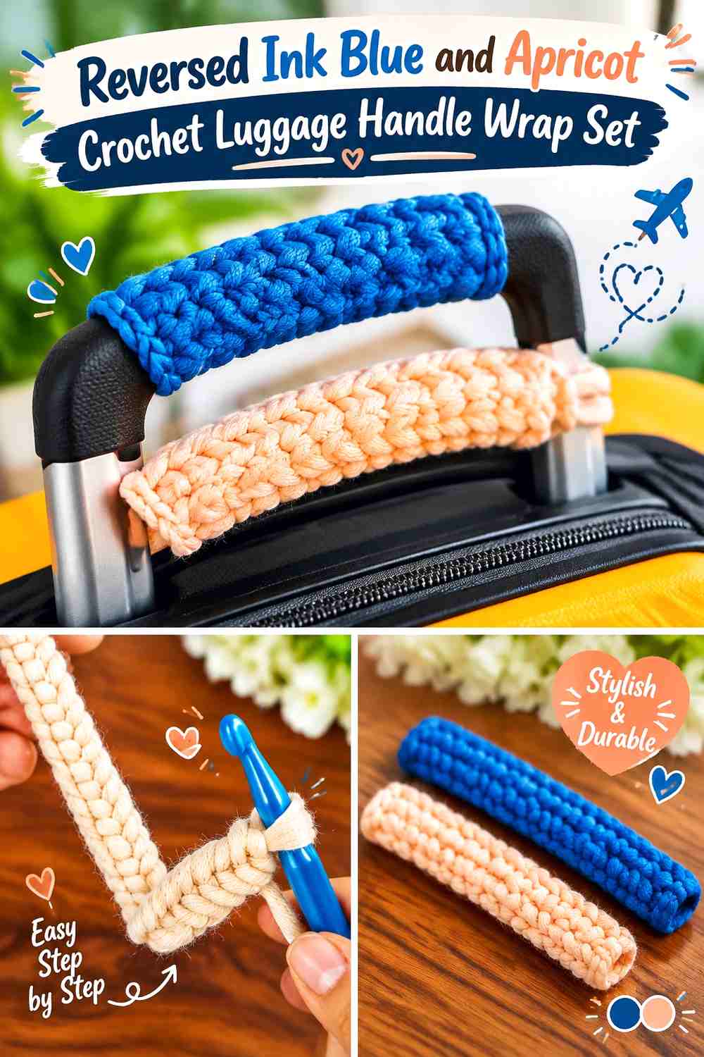 14. Reversed Ink Blue And Apricot Crochet Luggage Handle Wrap Set
