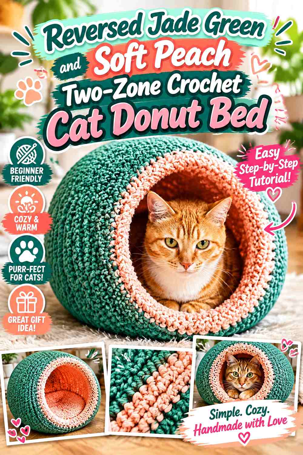 Reversed Jade Green and Soft Peach Two-Zone Crochet Cat Donut Bed