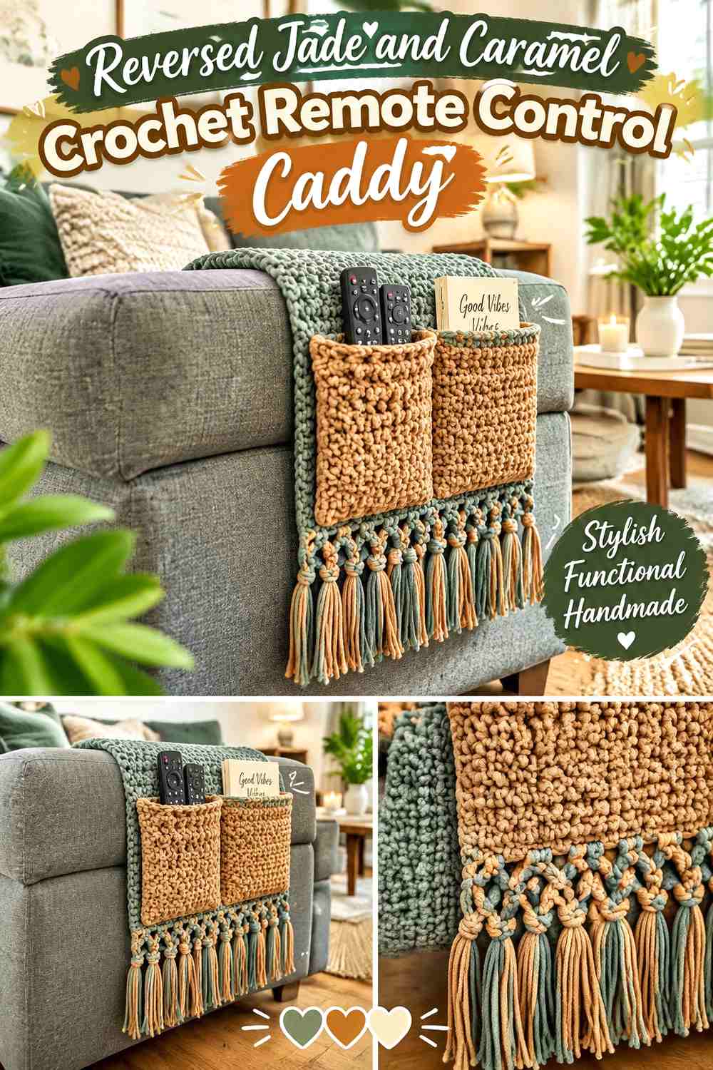 13. Reversed Jade And Caramel Crochet Remote Control Caddy