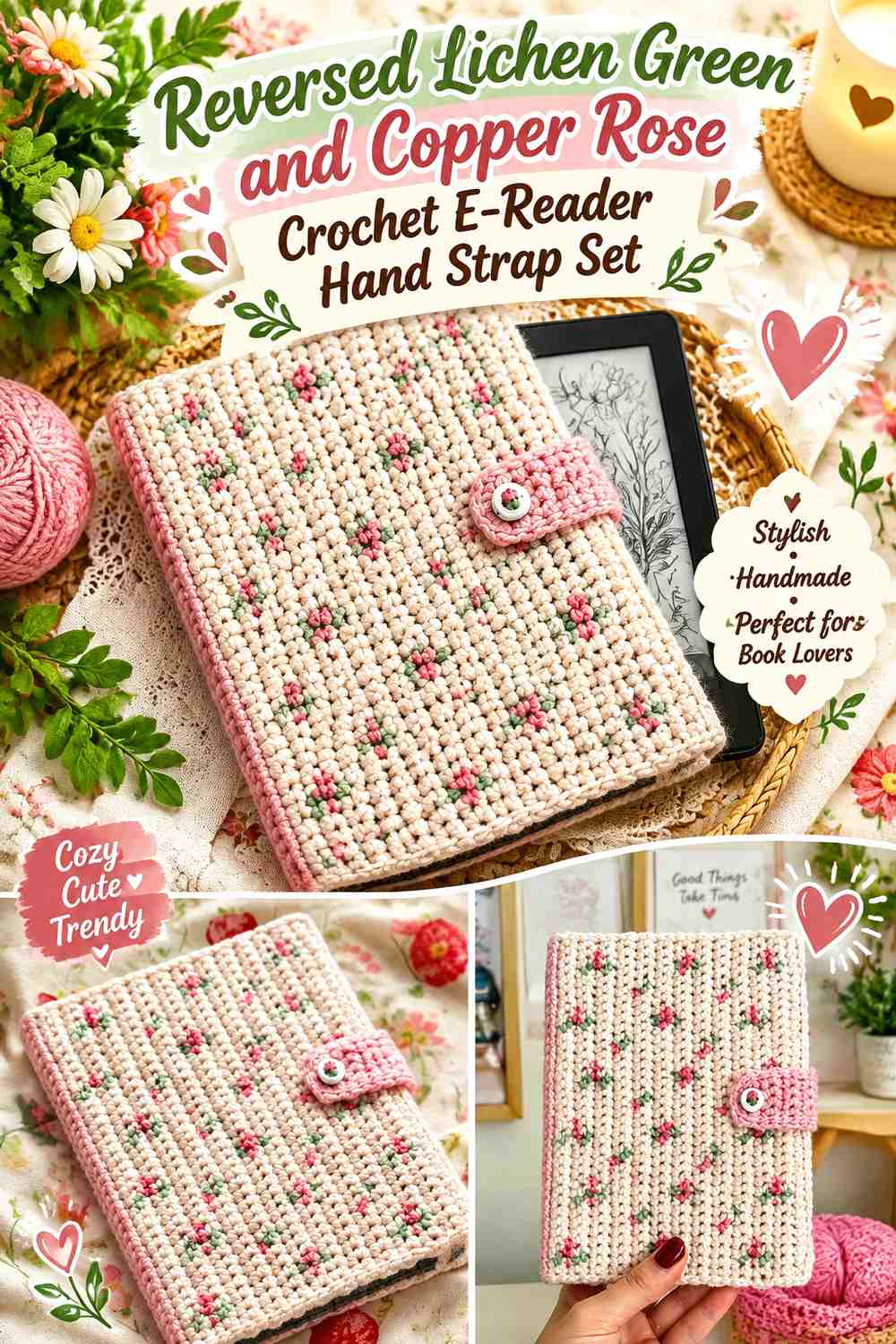 18. Reversed Lichen Green And Copper Rose Crochet E Reader Hand Strap Set