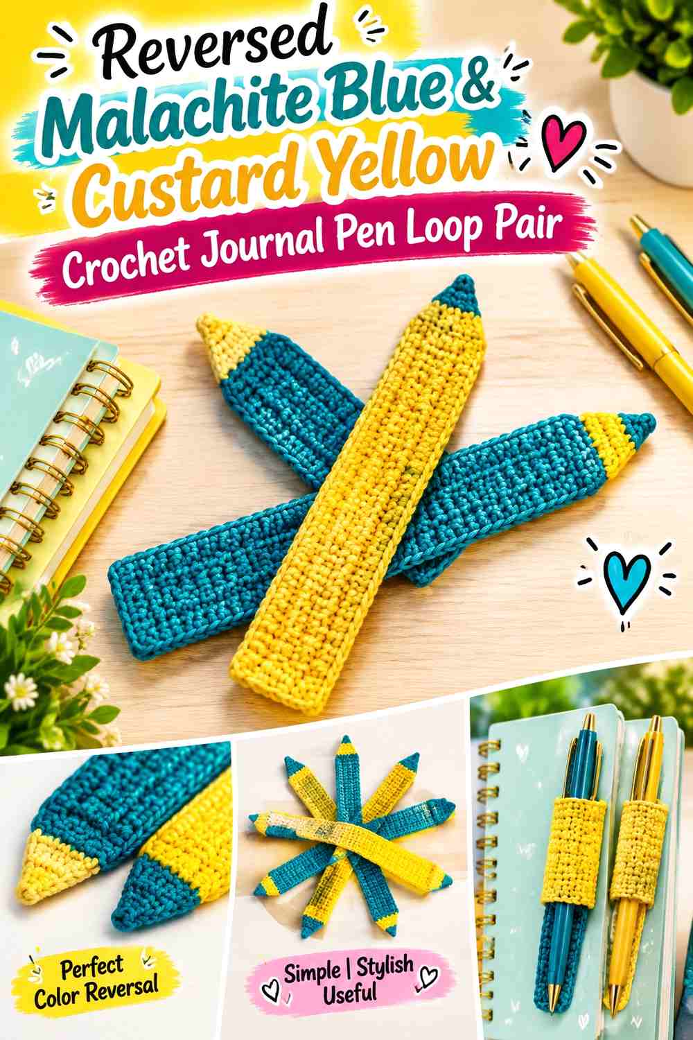 Reversed Malachite Blue & Custard Yellow Crochet Journal Pen Loop Pair