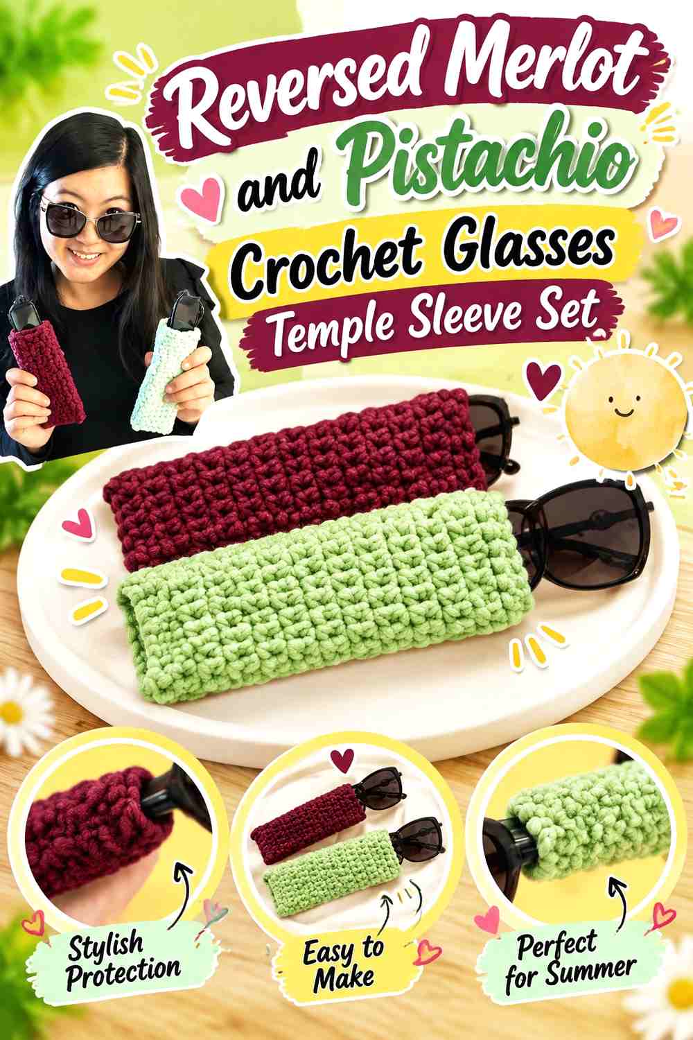 15. Reversed Merlot And Pistachio Crochet Glasses Temple Sleeve Set