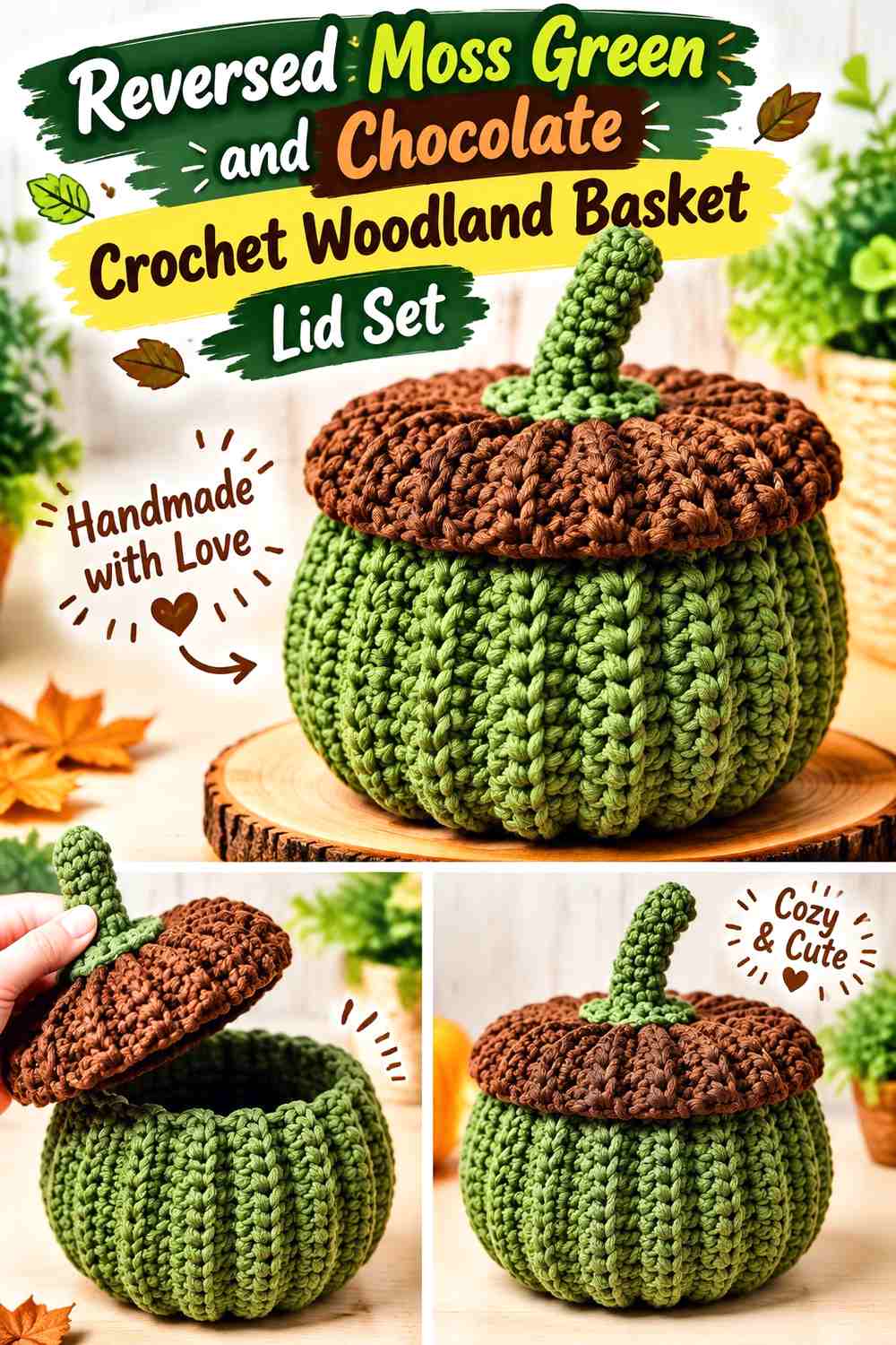 15. Reversed Moss Green And Chocolate Crochet Woodland Basket Lid Set