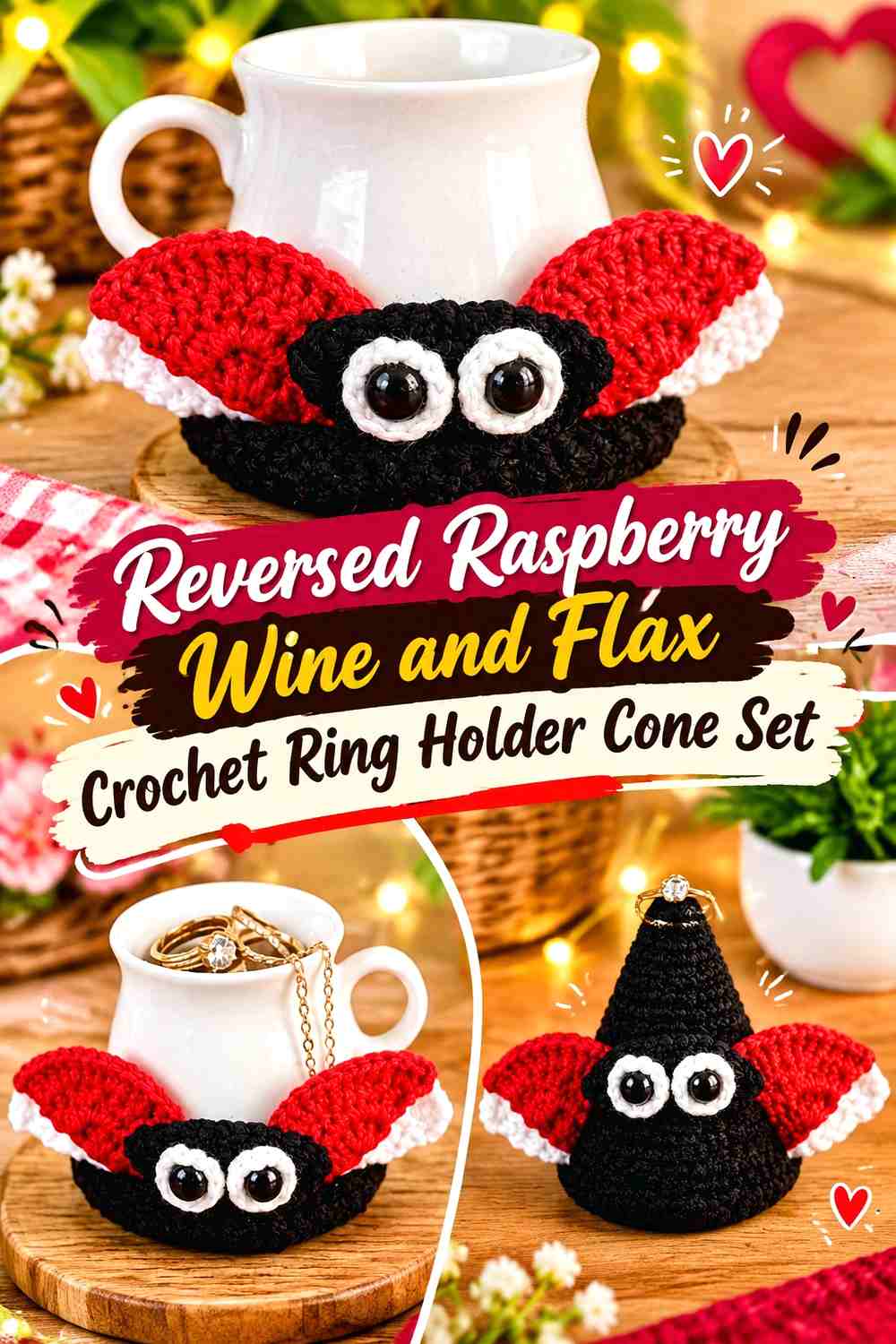 16. Reversed Raspberry Wine And Flax Crochet Ring Holder Cone Set
