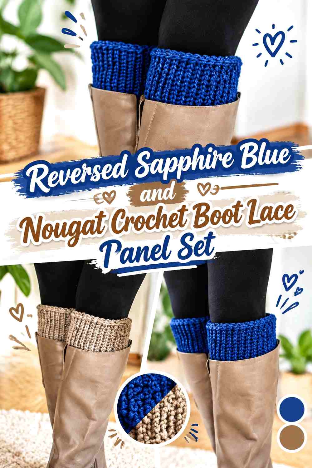 15. Reversed Sapphire Blue And Nougat Crochet Boot Lace Panel Set