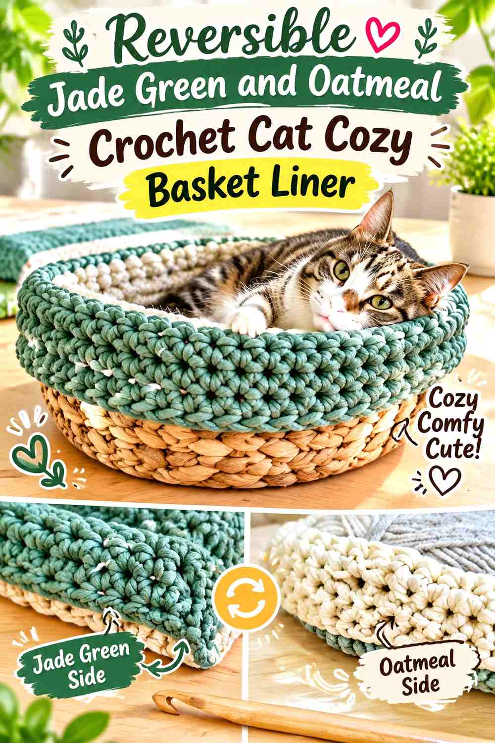 Reversible Jade Green and Oatmeal Crochet Cat Cozy Basket Liner