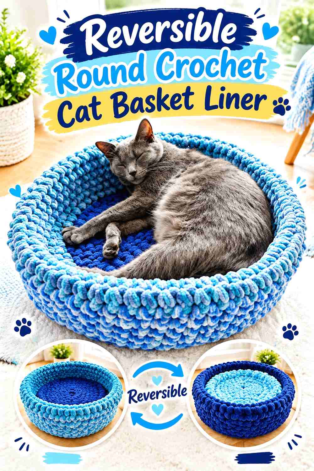 Reversible Round Crochet Cat Basket Liner