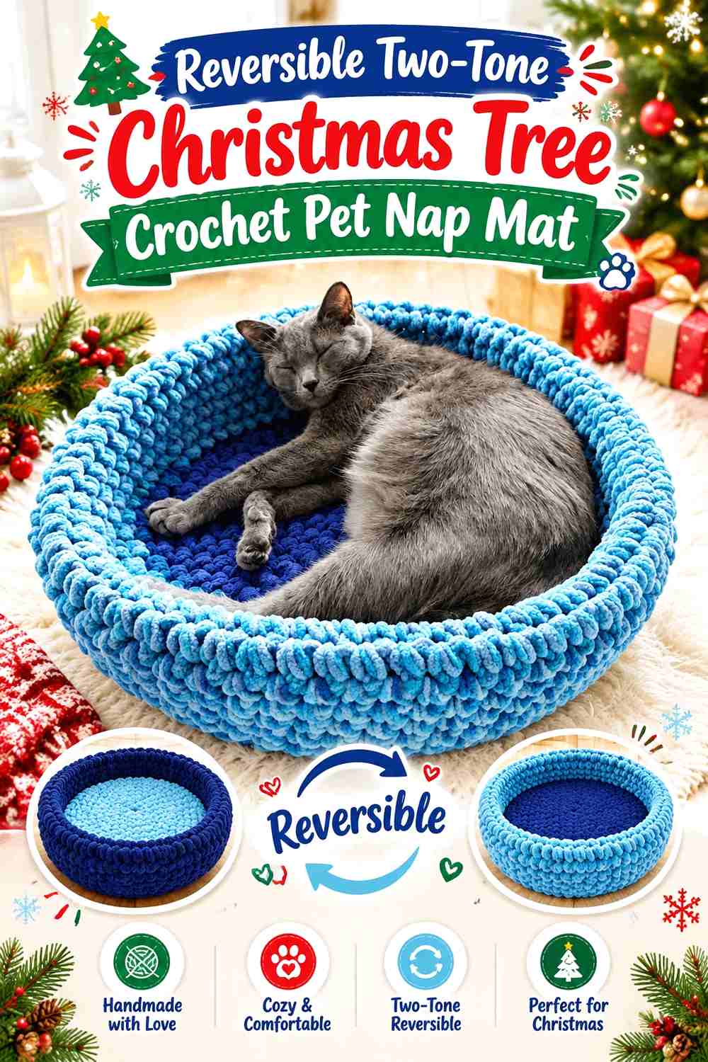 Reversible Two-Tone Christmas Tree Crochet Pet Nap Mat