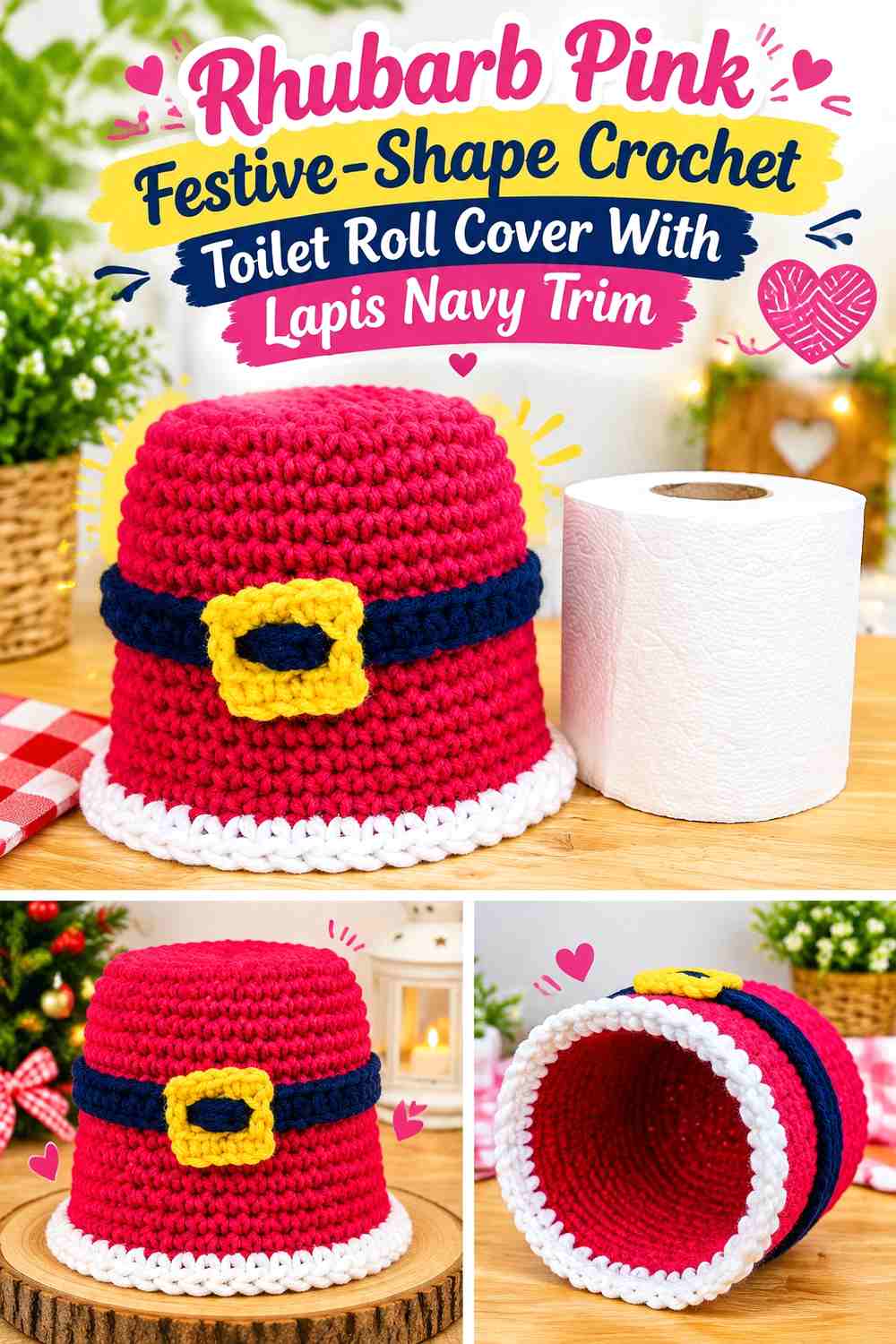 Rhubarb Pink Festive-Shape Crochet Toilet Roll Cover With Lapis Navy Trim