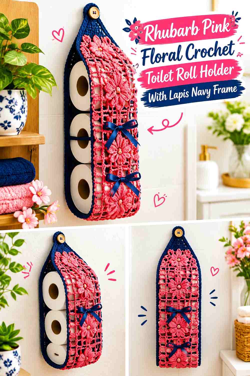 Rhubarb Pink Floral Crochet Toilet Roll Holder With Lapis Navy Frame