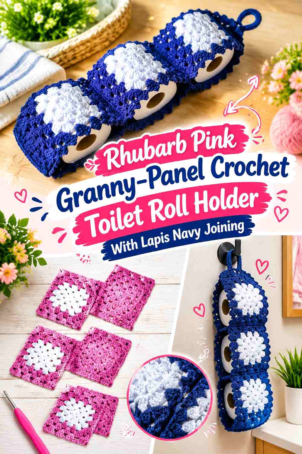 Rhubarb Pink Granny-Panel Crochet Toilet Roll Holder With Lapis Navy Joining