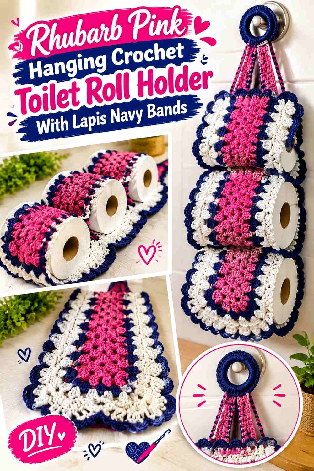 Rhubarb Pink Hanging Crochet Toilet Roll Holder With Lapis Navy Bands