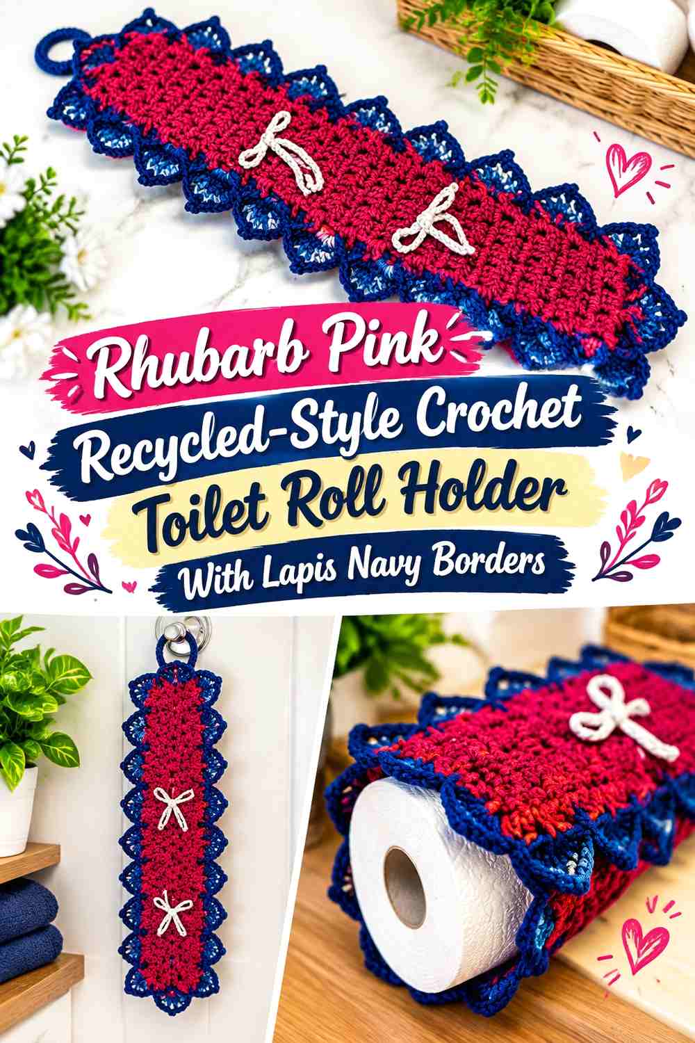 Rhubarb Pink Recycled-Style Crochet Toilet Roll Holder With Lapis Navy Borders