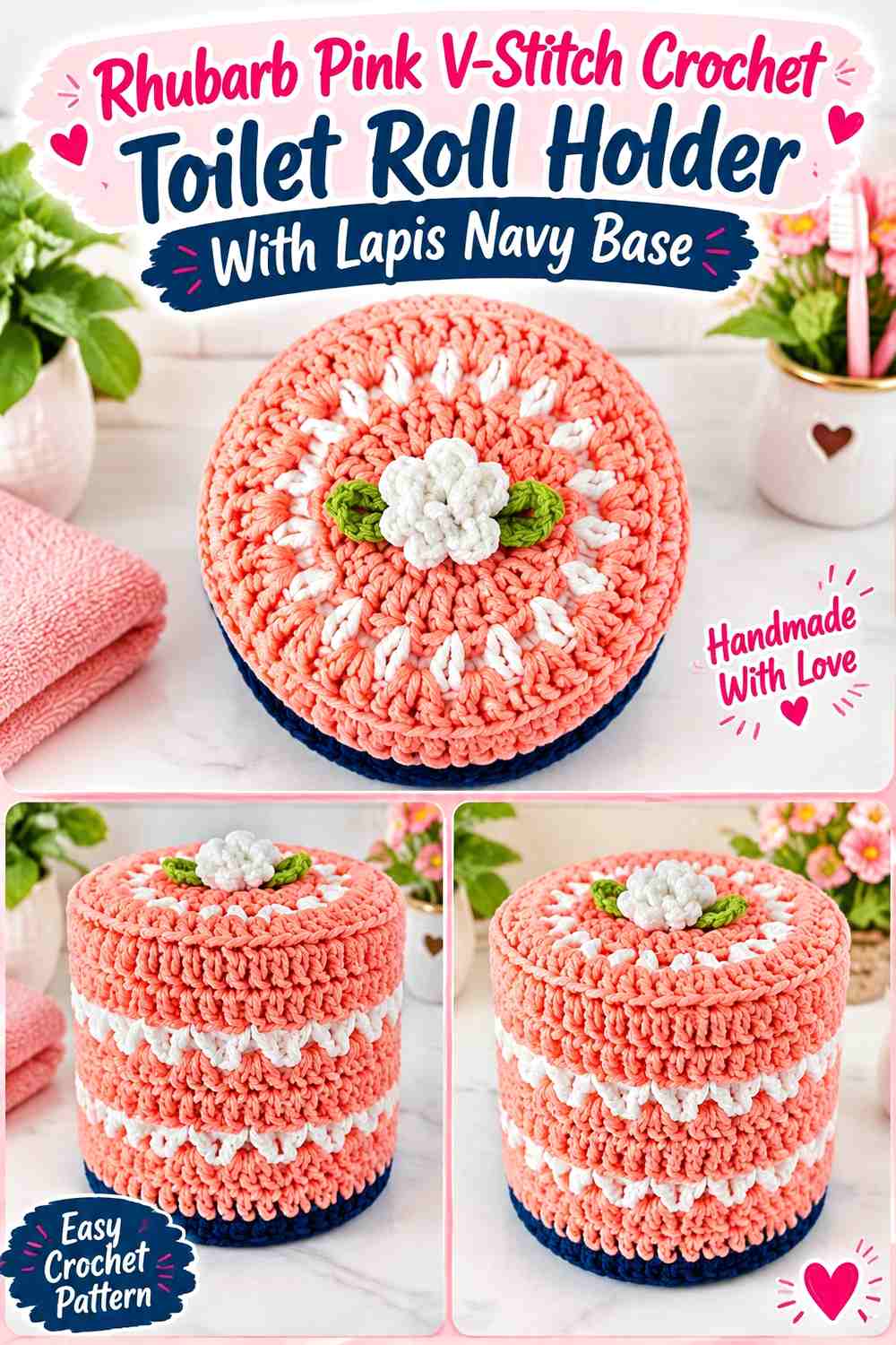 Rhubarb Pink V-Stitch Crochet Toilet Roll Holder With Lapis Navy Base