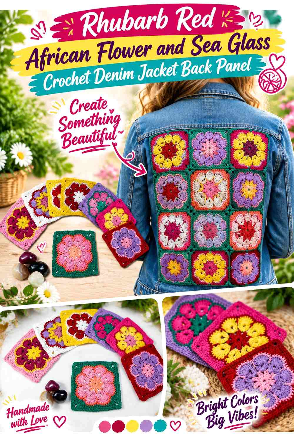 Rhubarb Red African Flower and Sea Glass Crochet Denim Jacket Back Panel