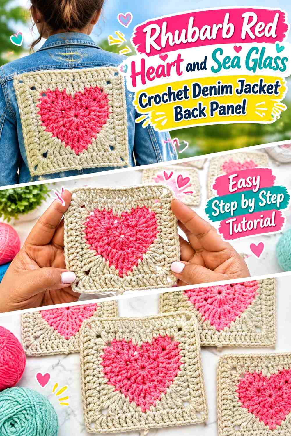 Rhubarb Red Heart and Sea Glass Crochet Denim Jacket Back Panel