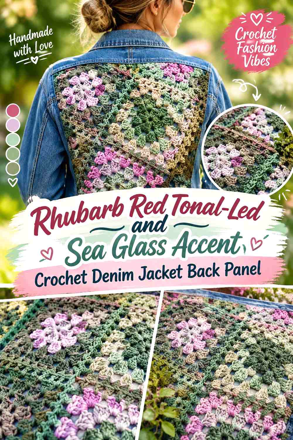 Rhubarb Red Tonal-Led and Sea Glass Accent Crochet Denim Jacket Back Panel