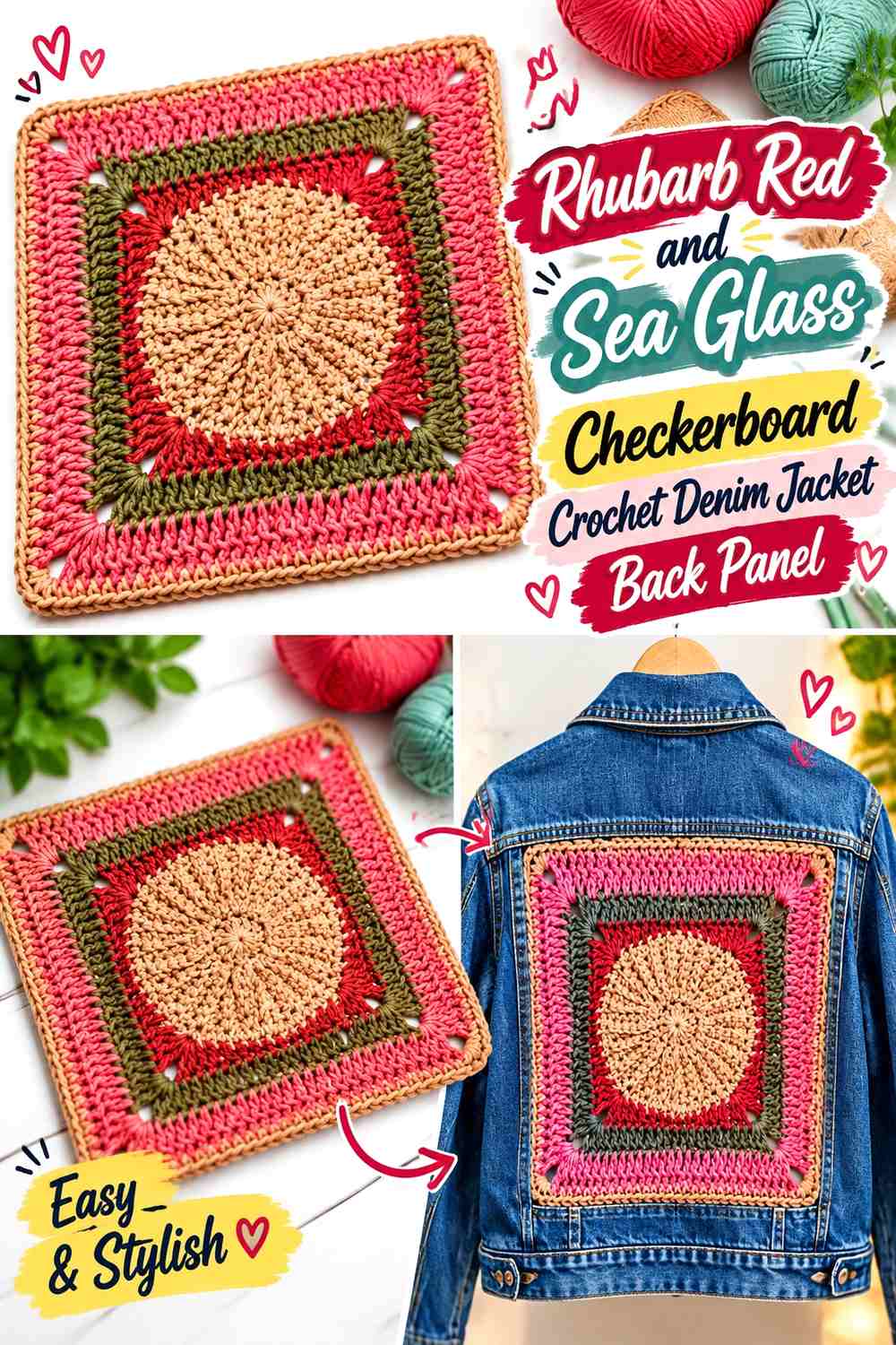 Rhubarb Red and Sea Glass Checkerboard Crochet Denim Jacket Back Panel