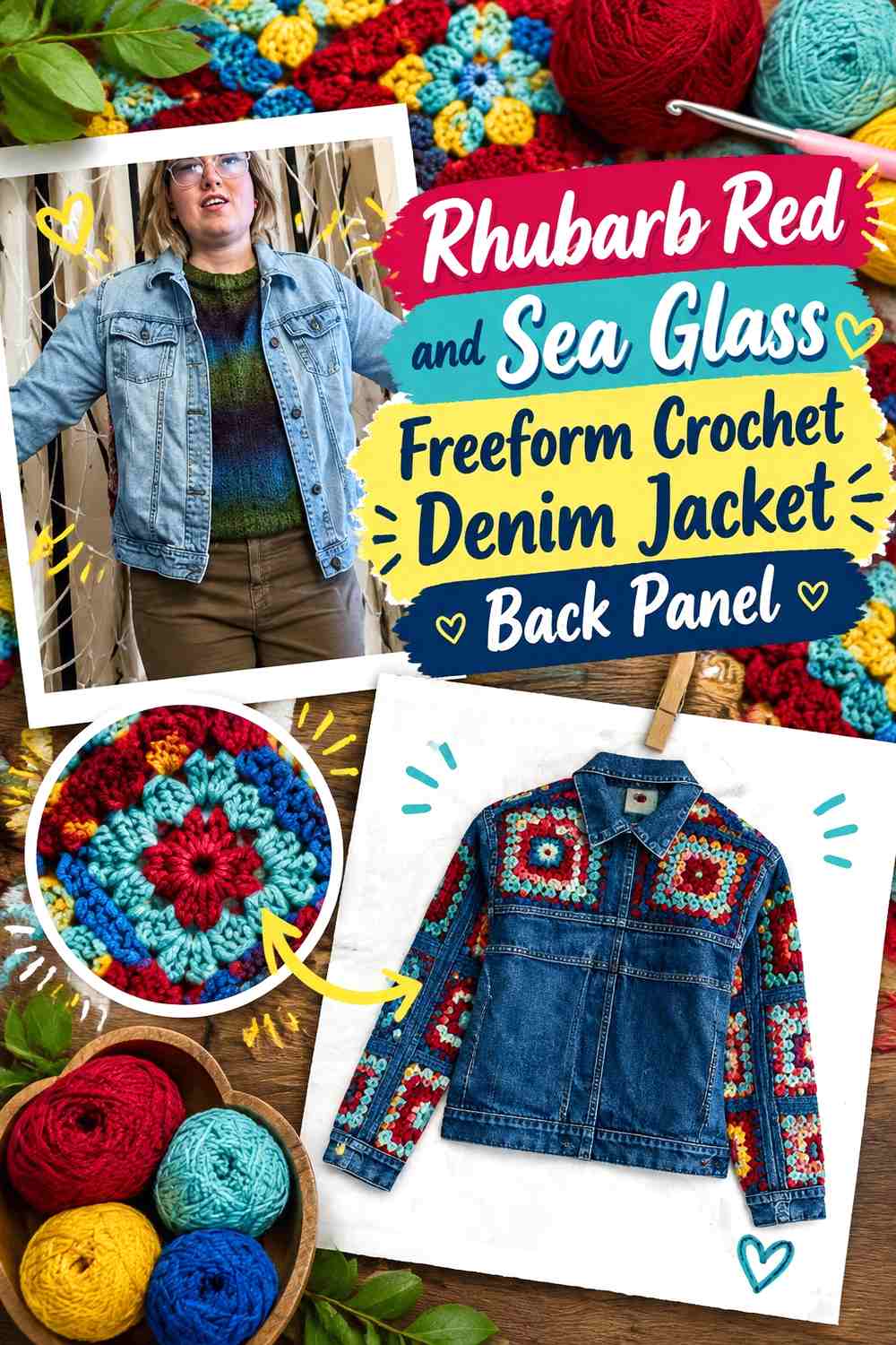 Rhubarb Red and Sea Glass Freeform Crochet Denim Jacket Back Panel