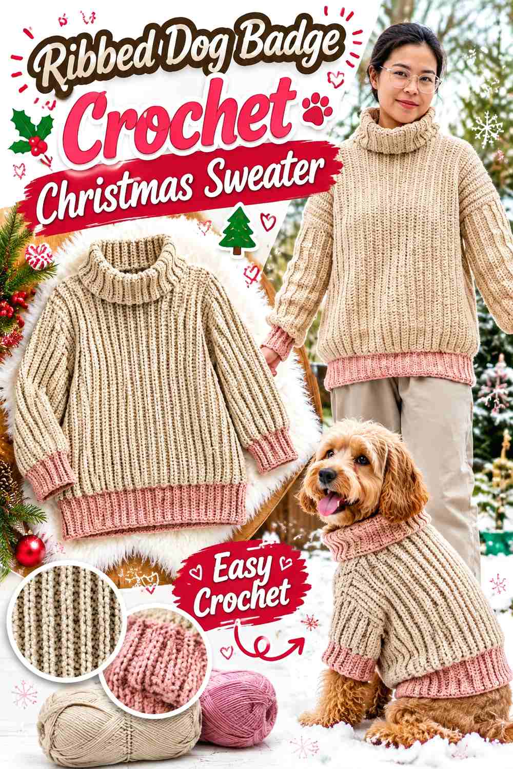 Ribbed Dog Badge Crochet Christmas Sweater