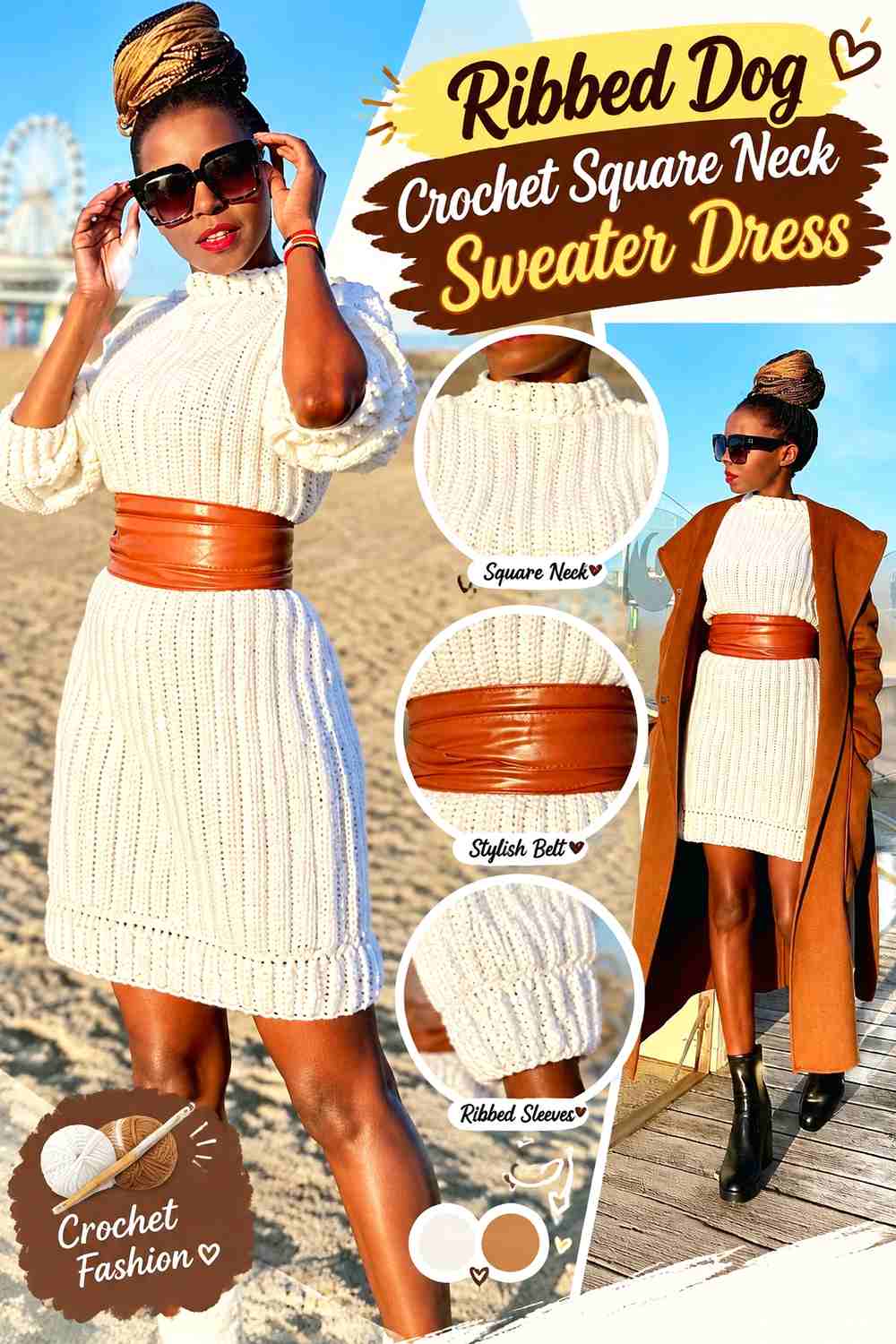 Ribbed Dog Crochet Square Neck Sweater Dress