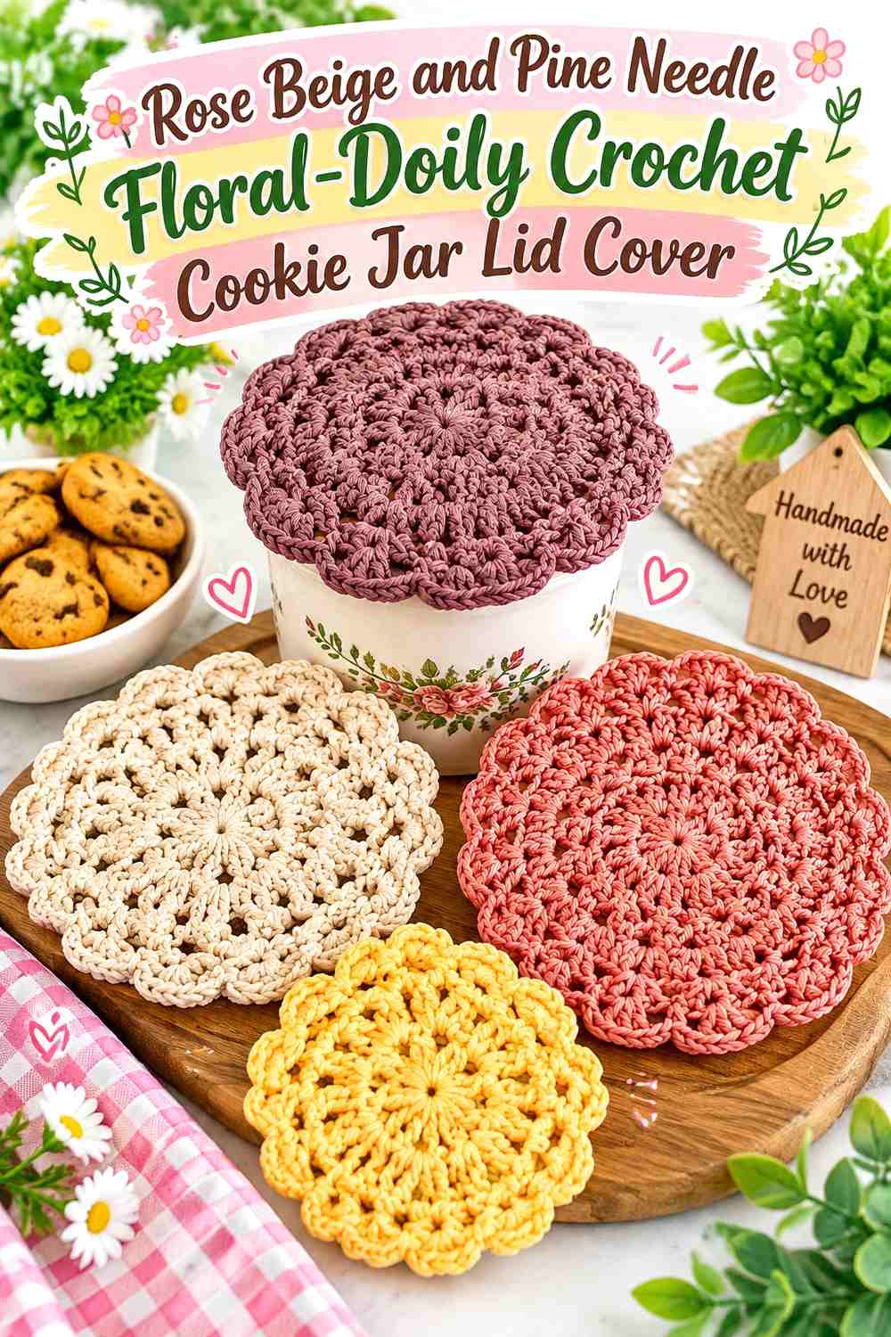 Rose Beige and Pine Needle Floral Doily Crochet Cookie Jar Lid Cover